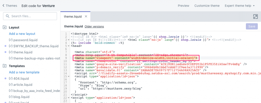 viewport su shopify si trova sotto il file theme.liquid